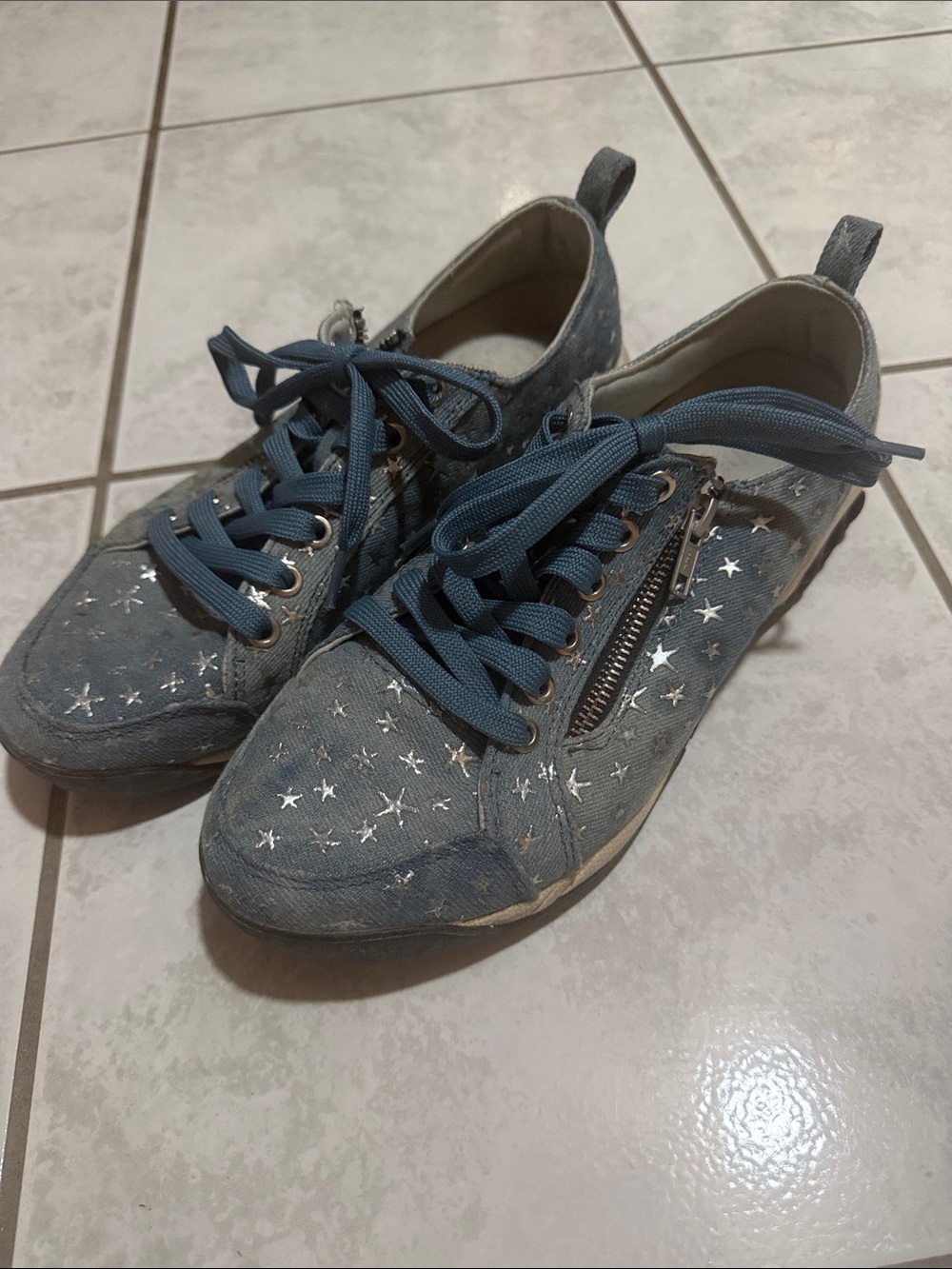 Therafit Denim Blue Star Embroidered Lace-Up Sneakers with Side Zip